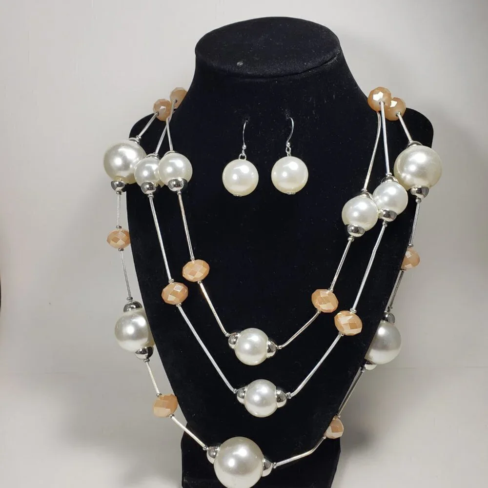 Multi Strand  Silver, Ivory & Cream color Beaded Necklace & Earrings  Jewelry